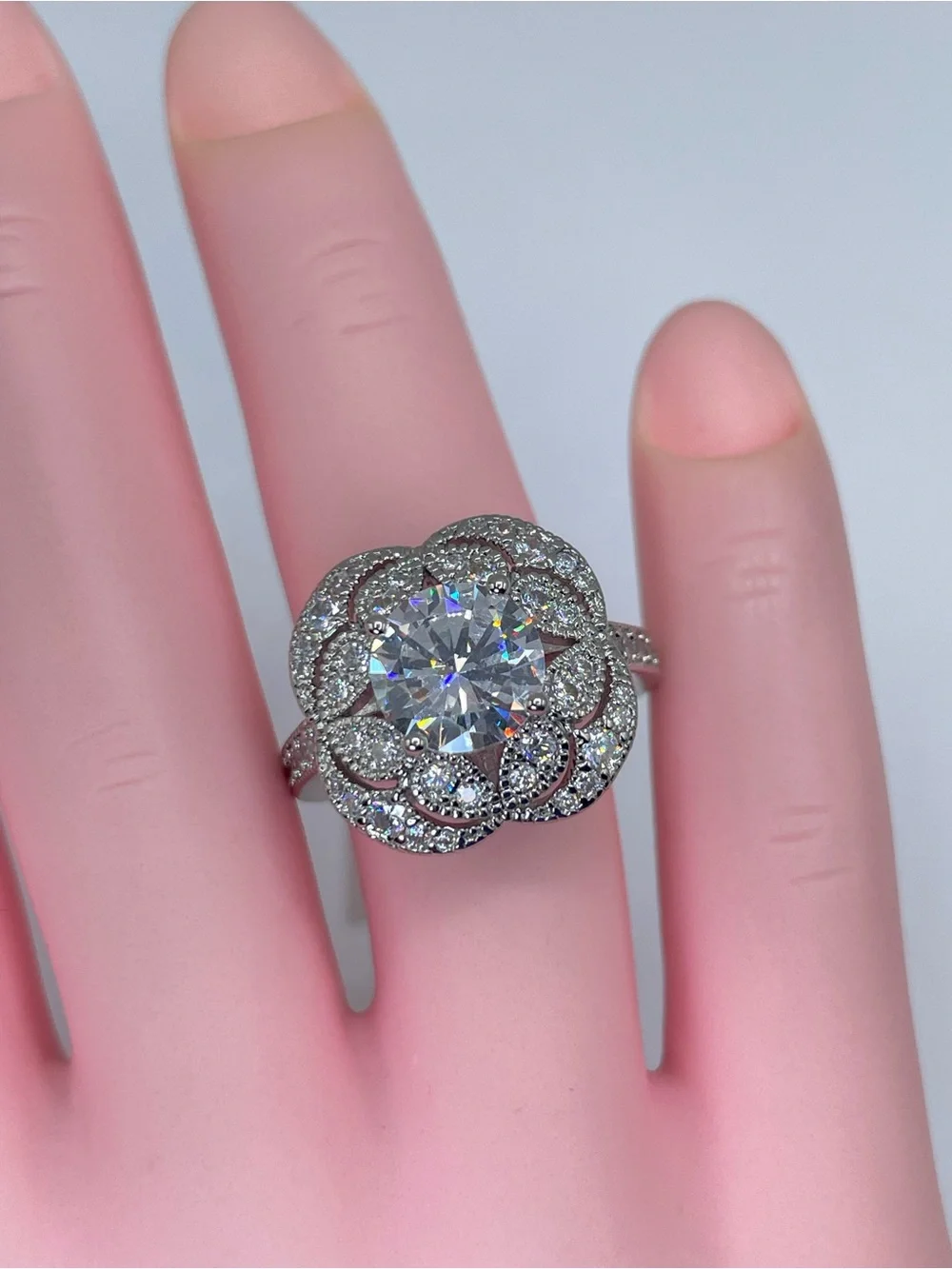 Swarovski Crystal Elements White Crystal Halo Art Deco Statement Ring Sz 6.5